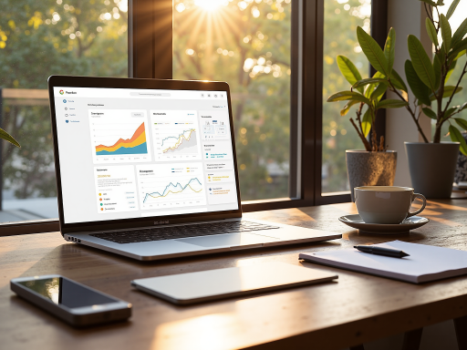 电商品牌数字营销案例展示,现代化办公桌上的笔记本电脑屏幕显示数据分析图表,旁边有咖啡杯和文件,明亮自然光